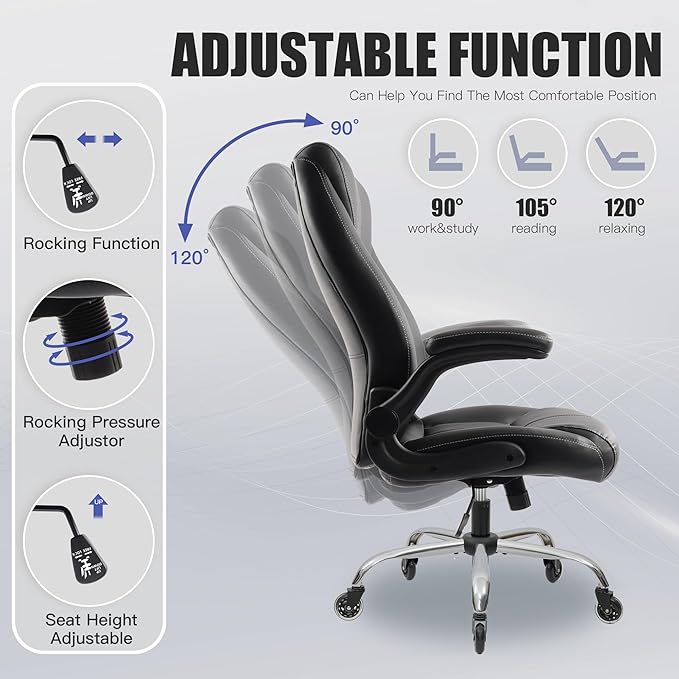 Big and Tall Office Chair for Heavy People, Executive Desk Computer Chair Adjustable Flip-up Armrests, PU Leather Swivel Task Chair with Ergonomic High Back and Lumbar Support