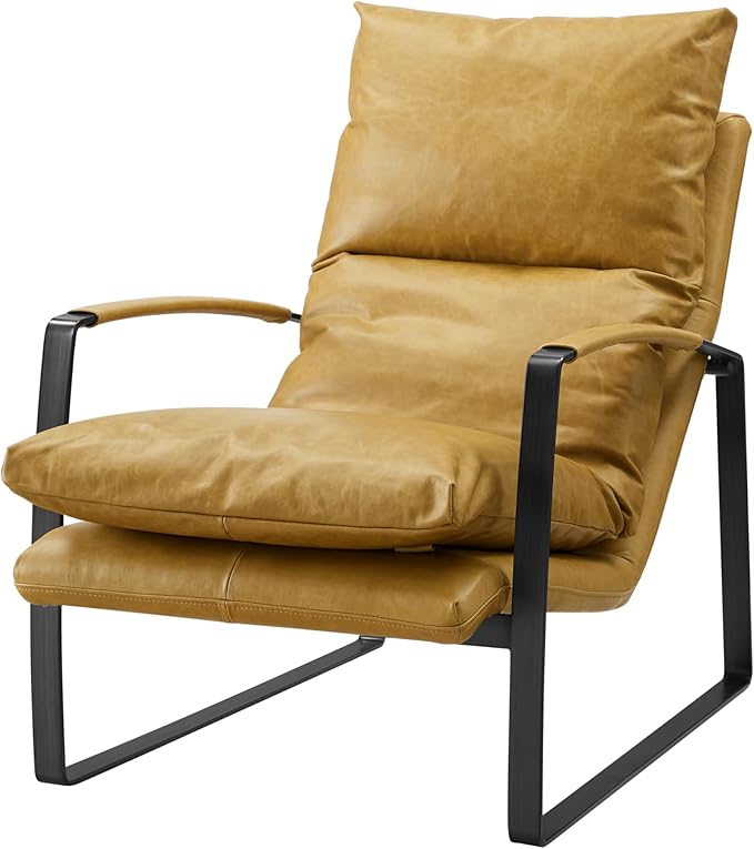 Art Leon Leather Accent Chair- Mid Century Modern Living Room Chair Leather Armchair Leather Lounge Chair with Black Metal Frame (Light Brown)