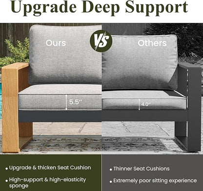 LayinSun 4 Pieces Aluminum Patio Furniture Set with Fire Pit Table, Oversized Seat with Hight Back, Outdoor Conversation Sets for Porch, Balcony, Deck
