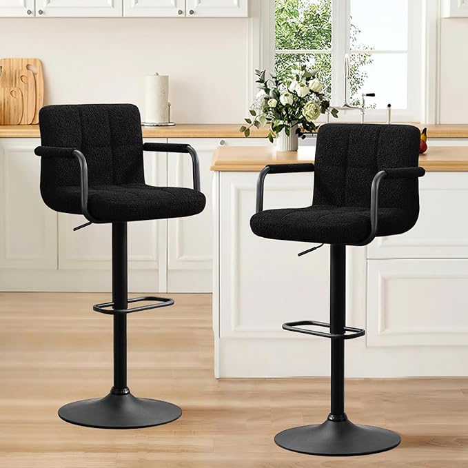 Furniliving Swivel Bar Stools Set of 4, Adjustable Kitchen Counter Height BarStools with Arms, Sherp Upholstered Bar Chair with Back and Footrest for Dining Room, Kitchen, Pub, Bar (Black)