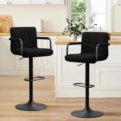 Furniliving Swivel Bar Stools Set of 4, Adjustable Kitchen Counter Height BarStools with Arms, Sherp Upholstered Bar Chair with Back and Footrest for Dining Room, Kitchen, Pub, Bar (Black)