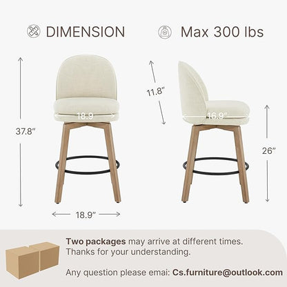 Counter Height Barstools 26 inch Upholstered Swivel Bar Stools with Back and Wood Legs for Kitchen Island,Set of 4,Linen Fabric-Armless