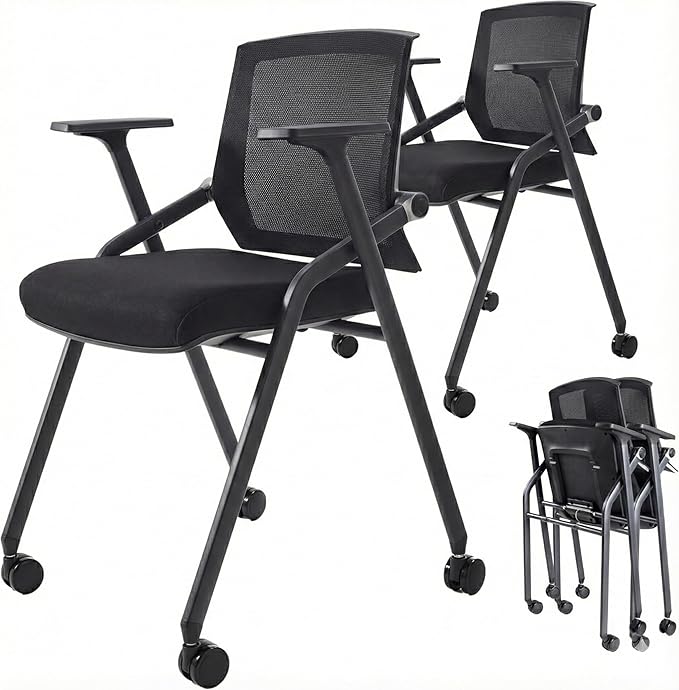 30 Pack Stackable Conference Room Chairs with Paddle Folding Office Chair Foldable Desk Chair Mesh Back and Arms for Conference Meeting Guest Reception Home Office Training Room Chair Black