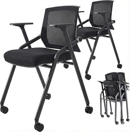 16 Pack Stackable Conference Room Chairs with Paddle Folding Office Chair Foldable Desk Chair Mesh Back and Arms for Conference Meeting Guest Reception Home Office Training Room Chair Black