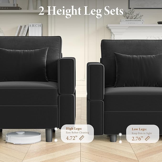 Vesgantti Sectional Couches with Storage Seats, 92" L Shaped Convertible Modular Sectional Sofa, 5 Seat & 1 Ottoman Velvet Storage Chaises Deep Seat Couch for Living Room, Bedroom, Apartment, Black