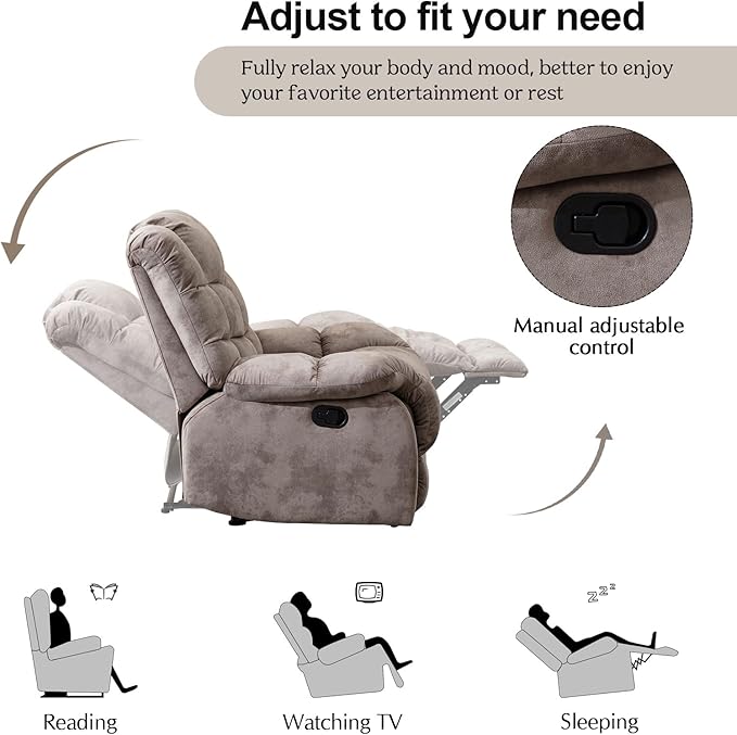 CANMOV Manual Recliner Chair, Single Reclining Sofa with Overstuffed Backrest and Armrest for Living Room, Bedroom Furniture, Light Brown