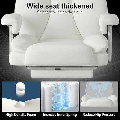 Big and Tall Office Chair, Executive Home Office Desk Chair, Comfy Leather High-Back Reclining Computer Chair with Retractable Footrest and Padded Arms, 360°Swivel Rolling Wheels, Wide Seat, White