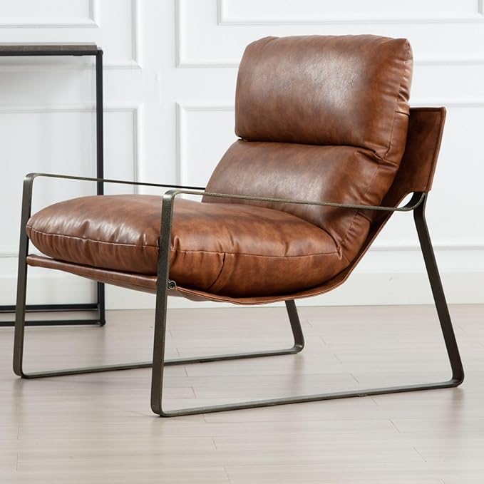 LukeAlon Modern PU Leather Accent Armchair, Upholstered Lounge Chair with Brass Metal Frame Thickened Cushion Comfy Leisure Chair with Lychee Grain for Bedroom Living Room, Brown