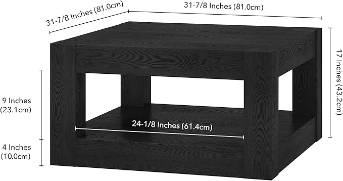 Henn&Hart 32" Wide Square Coffee Table in Natural Black, for Home, Living Room, Bedroom, Entertainment Room, Office