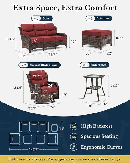 HILLGA Luxury Patio Furniture Set with 6-inch Thick Cushion, Outdoor Couch and High Back Swivel Rocker Patio Chairs, 6PCS Wicker Conversation Set for Deck Yard and Poolside, Burgundy (V2)
