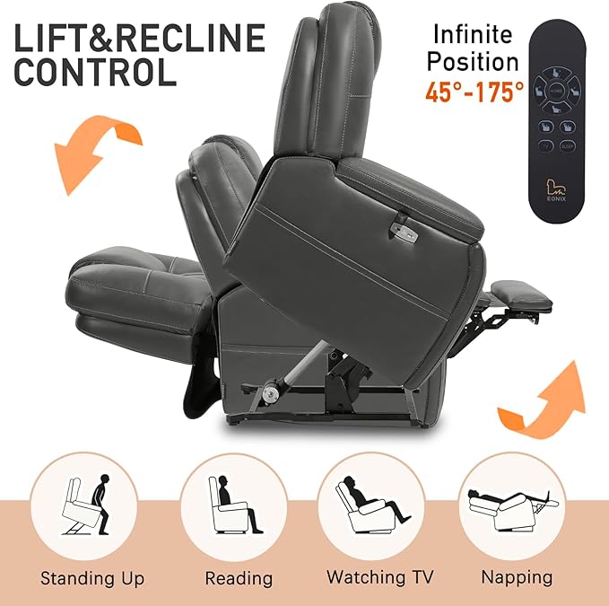 EONIX Triple Motor Lay Flat Power Lift Recliner Chair for Elderly with Adjustable Headrest, 400lbs Electirc Lift Chair for Living Room, Lumbar Pillow, Extended Footrest, Grey