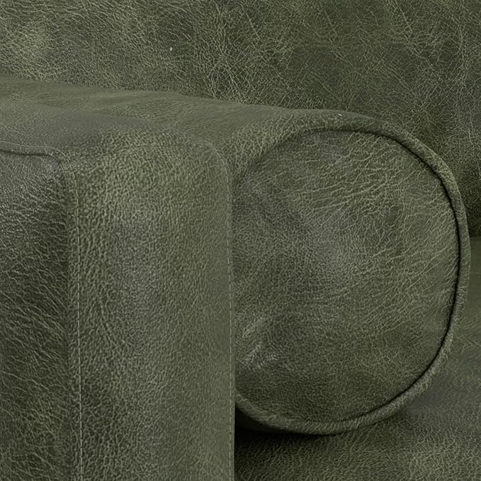 SIMPLIHOME Morrison 89-inch Wide Sofa in Moss Green Genuine Leather, Mid-Century Modern Design Couch for Living Room, Single Bench Cushion, 2 Back Cushions, 2 Bolster Pillows