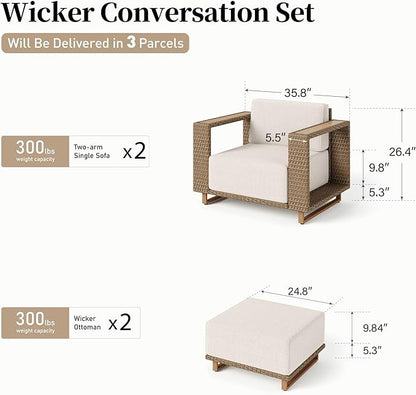 2 Pieces Patio Furniture Set,Outdoor Rattan Wicker Armchirs and Ottomans with 10''Ultra-Thick Cushions,All Weather Patio Conversation Set for Lawn Garden Backyard,Beige