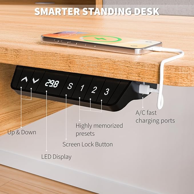 48 * 30 Inches Electric Standing Widened Desk Adjustable Height with 4 Drawers, Double Storage Shelves, Home Office Workstation Sit Stand up Desk (Nature)