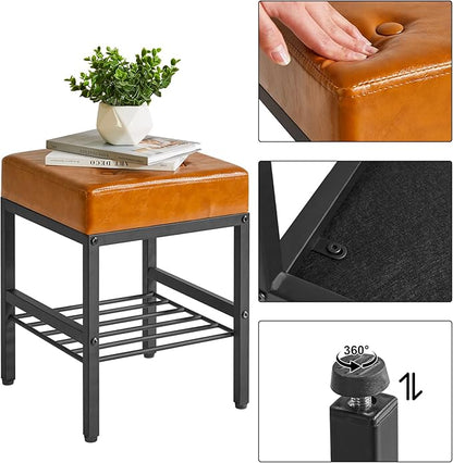 IBUYKE Square Makeup Stool with Adjustable Feet and Storage Space, Footrest Chair, PU Vanity Seat, Multi-Use as Small Side Table or Ottoman, for Bedroom, Light Brown LG-60J