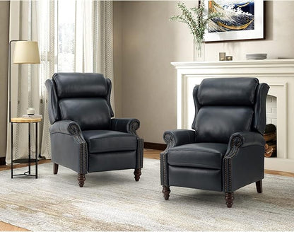 HULALA HOME Genuine Leather Recliner Chair, Traditional Manual Pushback Comfy Seating for Living Room, Thick Cushion & Solid Wood Legs, Wingback Recliner with Nailhead Trim, Navy-S2