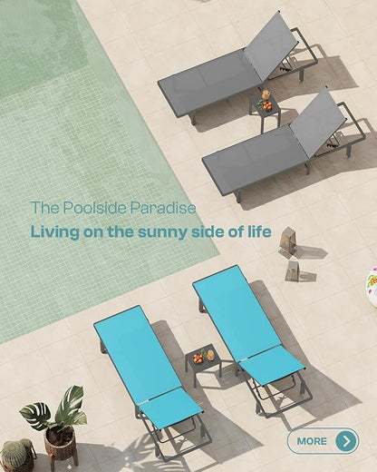 Pool Lounge Chairs, Chaise Lounge Outdoor with Wheels and 5-Position Recliner -Easy to Move- Aluminum Patio Lounge Chair for Poolside, Deck (Lakeblue)