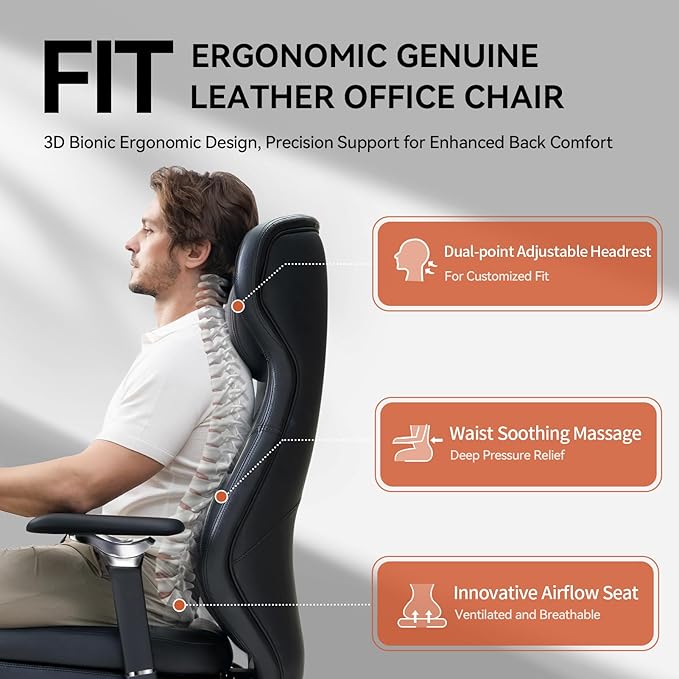 EMIAH Ergonomic Office Chair with Foot Rest Electric Reclining Office Chair with Adjustable Headrest, 8D Coordinated Armrests High Back Computer Desk Chair with Lumbar Support, Genuine Leather(Black)