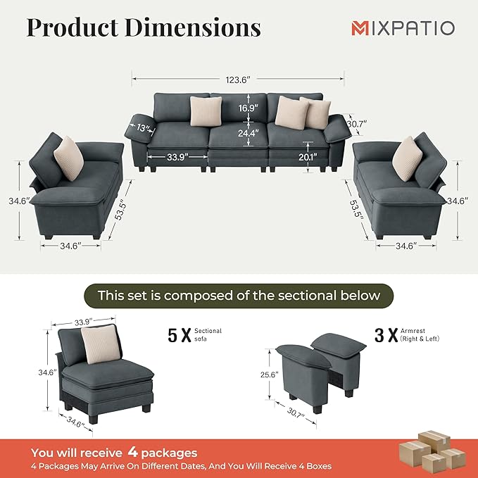 Cloud Couch Sectional Sofa Set, Plush 24.4-Inch Deep 5-Seat Sectional with Velvety Chenille & Removable Arms for Living Room and Apartment, Cyan