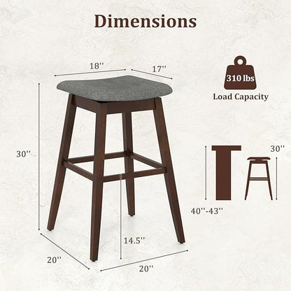 COSTWAY Swivel Bar Stools Set of 2, 30-inch Height Backless Upholstered Chairs with Padded Contoured Seat, Rubber Wood Legs, Footrest, Linen Fabric Barstools for Kitchen Counter Island, Grey+Brown