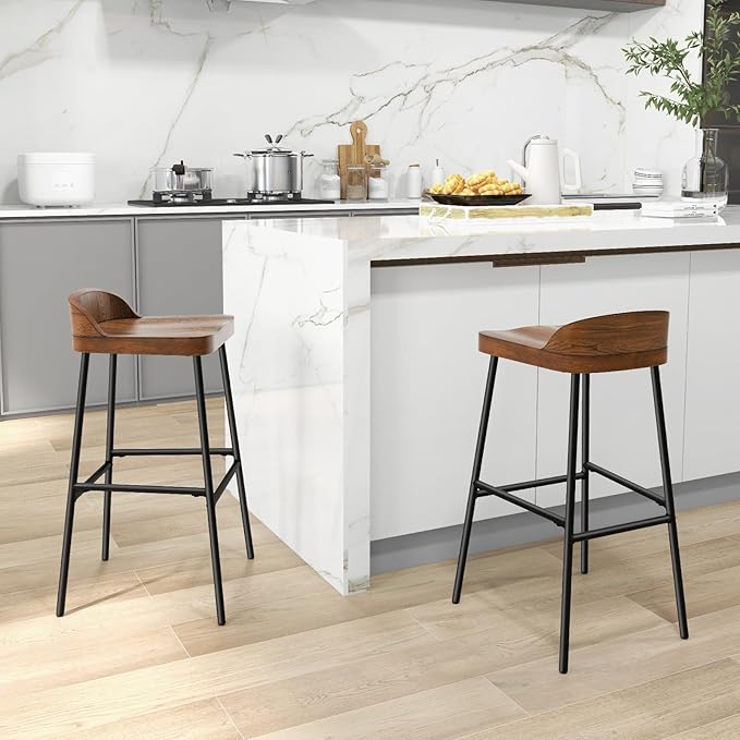 COSTWAY Bar Stool Set of 2, 29'' Industrial Pub Stool with Low Backrest and Footrest, Metal Legs, Breakfast Counter Height Chair for Island Living Room Kitchen Bar, Rustic Brown & Black
