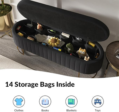 EcoHarbor Living 55.5" Storage Bench Ottoman End of Bed Bench Bedroom Bench, Upholstered Velvet Long Window Bench Large King Size with Gold Legs, Flipping Lid Entryway Footrest (Black)