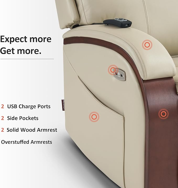 MCombo Power Lift Recliner Chair Sofa with Massage and Heat, Adjustable Headrest for Elderly People, Solid Wood Armrest, USB Ports, Side Pockets, Faux Leather 7917 (Cream White, Medium)