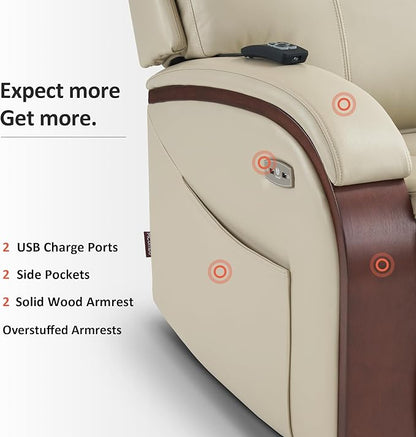 MCombo Power Lift Recliner Chair Sofa with Massage and Heat, Adjustable Headrest for Elderly People, Solid Wood Armrest, USB Ports, Side Pockets, Faux Leather 7917 (Cream White, Medium)