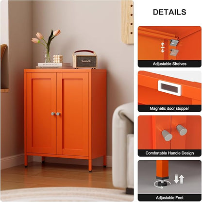 Small Bathroom Storage Cabinet, Metal Sideboard with 2 Doors and 2 Adjustable Shelves, Orange Floor Locker Cabinet 12" Shallow Storage Lockers for Bathroom, Living Room, Hallway, Entryway