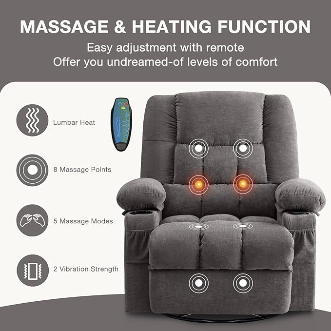 BOSMILLER Massage Swivel Rocker Recliner Chair with Vibration Massage and Heat Ergonomic Lounge Chair for Living Room with Rocking Function and Side Pocket, 2 Cup Holders, USB Charge Port