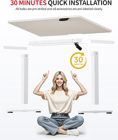 Okin Standing Desk Electric Adjustable Computer Whole Piece Stand up Desk Office Gaming Home Office Memory Desks 48x24 inches Cream Brown