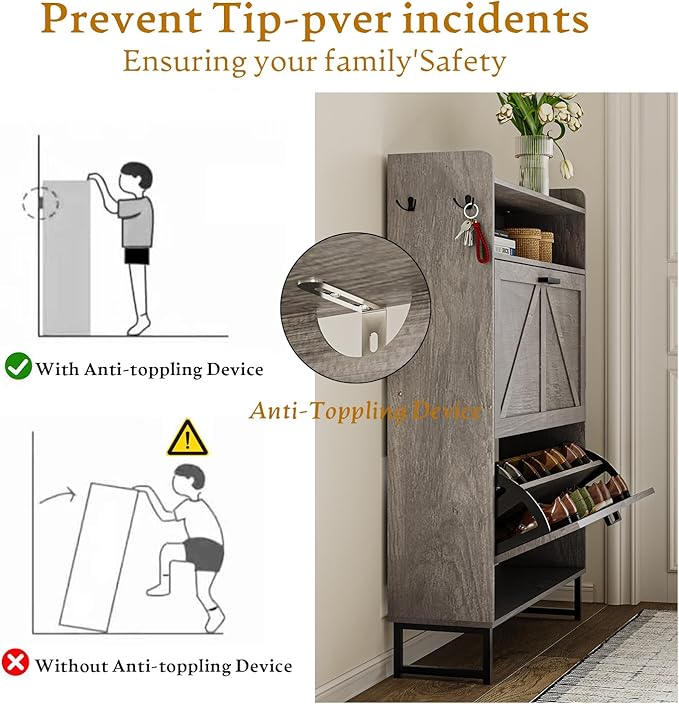 Shoe Storage Cabinet with 2 Flip Drawers, Narrow Wood Shoe Cabinet Storage for Entryway with Metal Legs & Hooks, Adjustable Shelves, Freestanding Shoe Rack Organizer for Foyer, Hallway, Grey