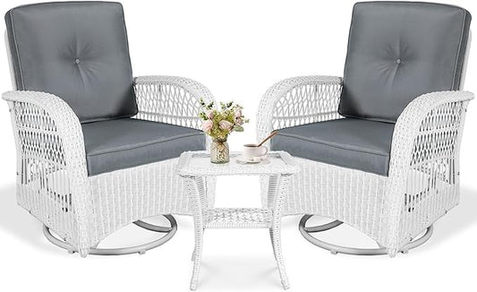 VIVIJASON 3-Piece Outdoor Conversation Bistro Set, Patio Swivel Glider Rocking Chairs Rattan Furniture Sets w/ 2 White Rattan Chairs, Glass Top Side Table for Porch Backyard, Grey Cushions
