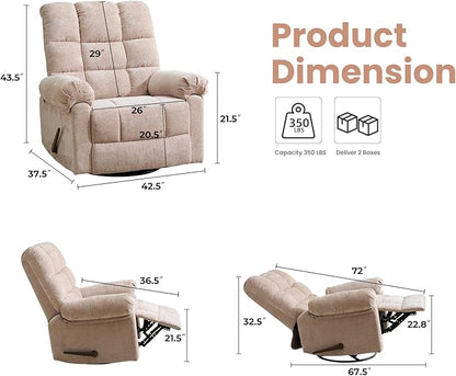 Oversized Swivel Rocker Recliner with Massage and Heat, 26" Extra Wide Manual Recliner for Adults & Big Man, Overstuffed Rocking Chair with High Back for Living Room, Beige Chenille