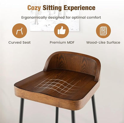 COSTWAY Bar Stool Set of 2, 29'' Industrial Pub Stool with Low Backrest and Footrest, Metal Legs, Breakfast Counter Height Chair for Island Living Room Kitchen Bar, Rustic Brown & Black