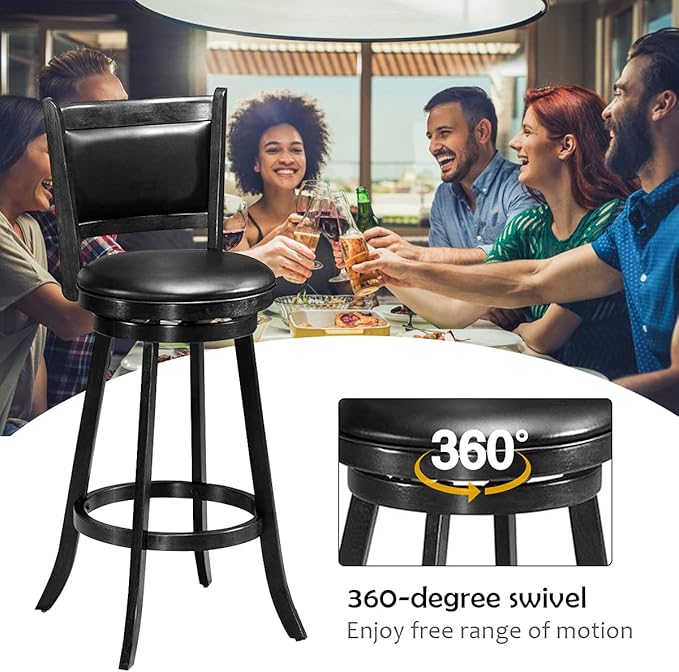 COSTWAY Bar Stools Set of 2, 360 Degree Swivel, Accent Wooden Swivel Back Bar Height Bar Stool, Fabric Upholstered Design, PVC Cushioned Seat (2 stools, Black 29'' Height)