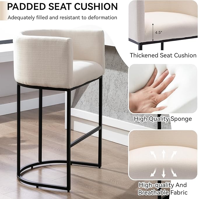 Contemporary Cream Linen Bar Stools Set of 3, 32" Upholstered Fabric Counter Height Bar Stools Kitchen Counter Island Stools with Black Metal Base