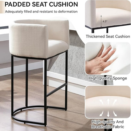 Contemporary Cream Linen Bar Stools Set of 3, 32" Upholstered Fabric Counter Height Bar Stools Kitchen Counter Island Stools with Black Metal Base