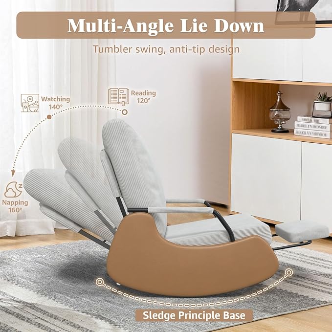 Upholstered Recliner Rocking Chair Nursery with Adjustable Backrest and Footrest, Comfy Corduroy Foldable Glider Chair for Bedroom & Living Room, Beige