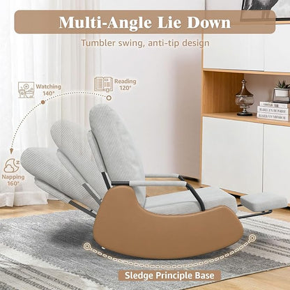 Upholstered Recliner Rocking Chair Nursery with Adjustable Backrest and Footrest, Comfy Corduroy Foldable Glider Chair for Bedroom & Living Room, Beige