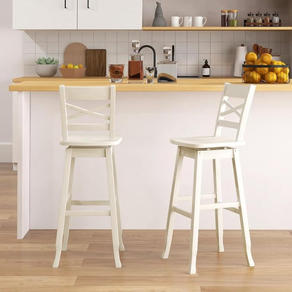 COSTWAY 30-Inch Bar Height Stool Set of 4, Rubber Wood Swivel Bar Stool with Inclined Backrest, Curved Seat & Footrest, Bar Chair for Kitchen Island & Pub (4, Cream)