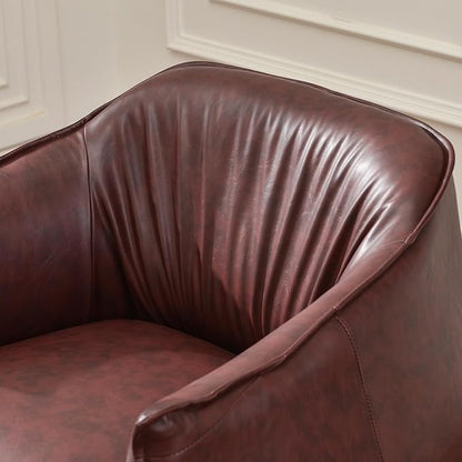 KINWELL 33" W Faux Leather Barrel Chairs Set of 2 with Hand-Tufted Pleated Back Flared Arms, Modern PU Upholstered Accent Chairs with Metal Legs, Large Armchairs Lounge Chairs for Living Room, Red