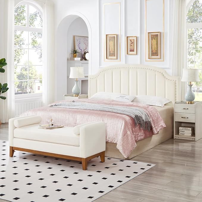 24KF Velvet Fabric Upholstered King/California King Headboard with Nail Trims, Modern Vertical Channel Design with Curved King Headboard, 6052-K-Cream