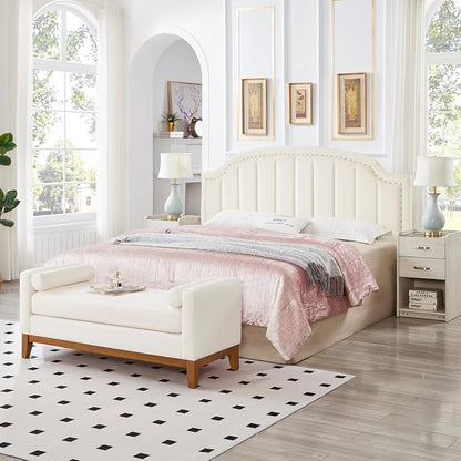 24KF Velvet Fabric Upholstered King/California King Headboard with Nail Trims, Modern Vertical Channel Design with Curved King Headboard, 6052-K-Cream