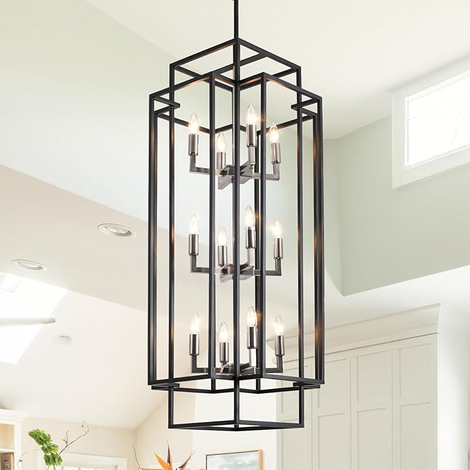 High Ceiling Entryway Chandelier: 12-Light Farmhouse Lantern Chandelier, Industrial Large Pendant Light Fixtures, Foyer Chandeliers for High Ceilings, for Entry, Staircase, Hallway (Black & Silver)