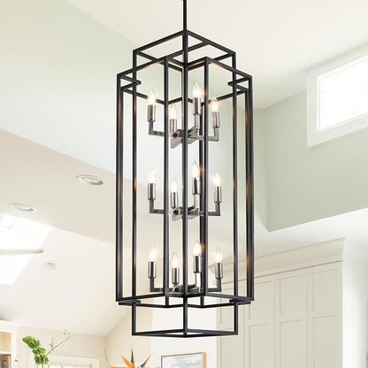 High Ceiling Entryway Chandelier: 12-Light Farmhouse Lantern Chandelier, Industrial Large Pendant Light Fixtures, Foyer Chandeliers for High Ceilings, for Entry, Staircase, Hallway (Black & Silver)