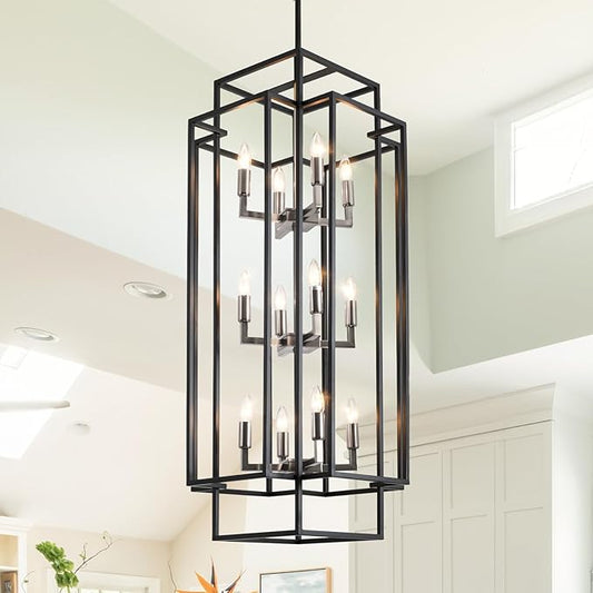 High Ceiling Entryway Chandelier: 12-Light Farmhouse Lantern Chandelier, Industrial Large Pendant Light Fixtures, Foyer Chandeliers for High Ceilings, for Entry, Staircase, Hallway (Black & Silver)