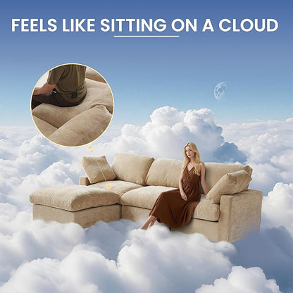 WJShome Modern Sectional Sofa 134 Inch 4-Seater Cloud Couch with Chenille Deep Seat Couches for Living Room, Bedroom and Apartment，Khaki