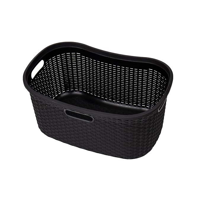 Mind Reader 40L Laundry Basket, Clothes Hamper, Premium Wicker Design, Plastic, Set of 2, Black