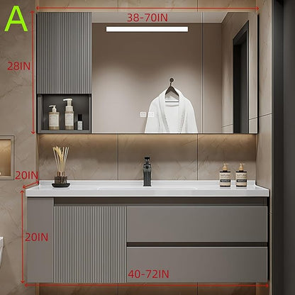 48IN Suspended Bathroom Cabinet Combo Set - Fully Functional LED Mirror with Smart Defogging & Time Display | Bathroom Vanity with Sink,Side Cabinet Storage Compartment (Style A)